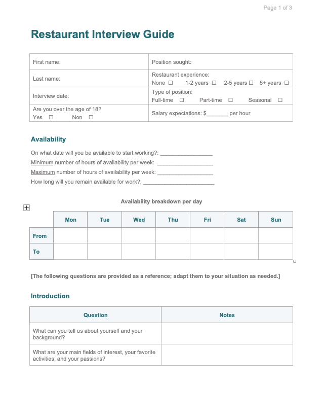 screenshot restaurant interview guide