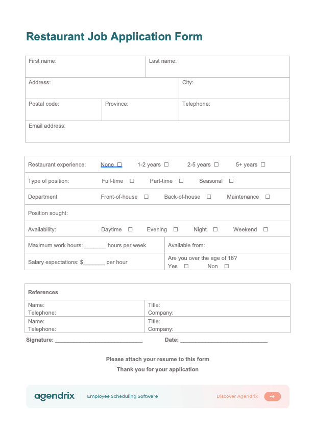screenshot restaurant job application form