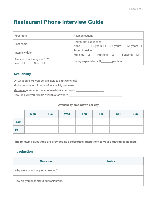 screenshot restaurant phone interview guide