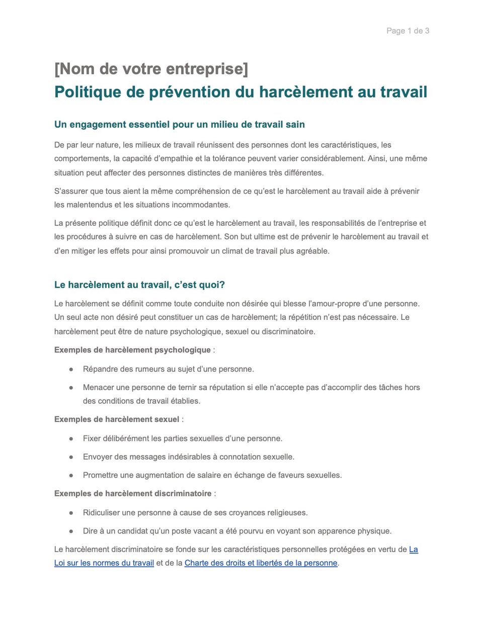 Capture d'écran du modèle de politique en matière de harcèlement au travail