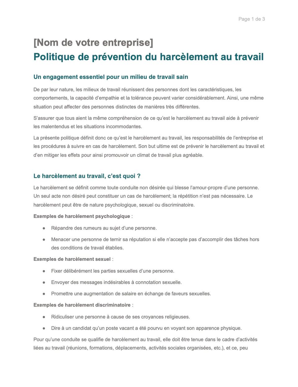 Capture d'écran du modèle de politique en matière de harcèlement au travail