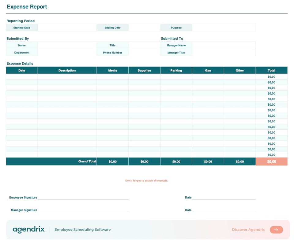 Free expense report template in Excel with auto-calculated totals, by Agendrix.