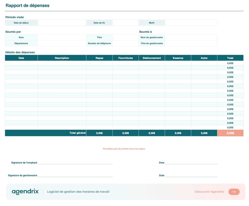 Modèle gratuit de rapport de dépenses en Excel avec totaux calculés automatiquement, par Agendrix.