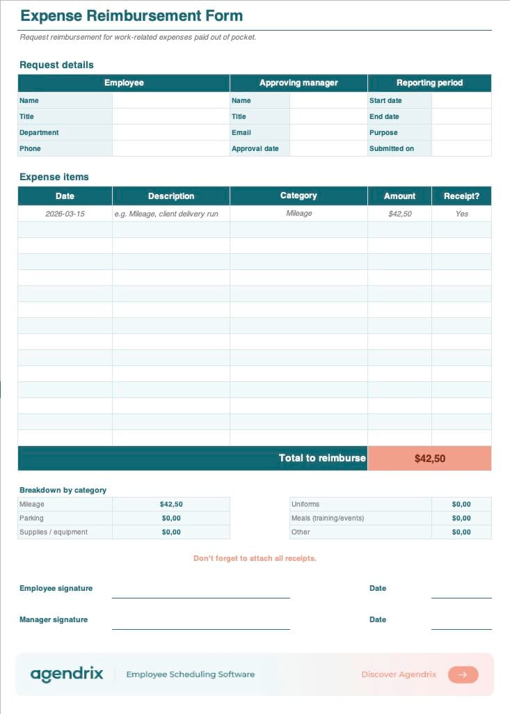 Free expense reimbursement form in Excel with a category dropdown and auto-calculated total, by Agendrix.