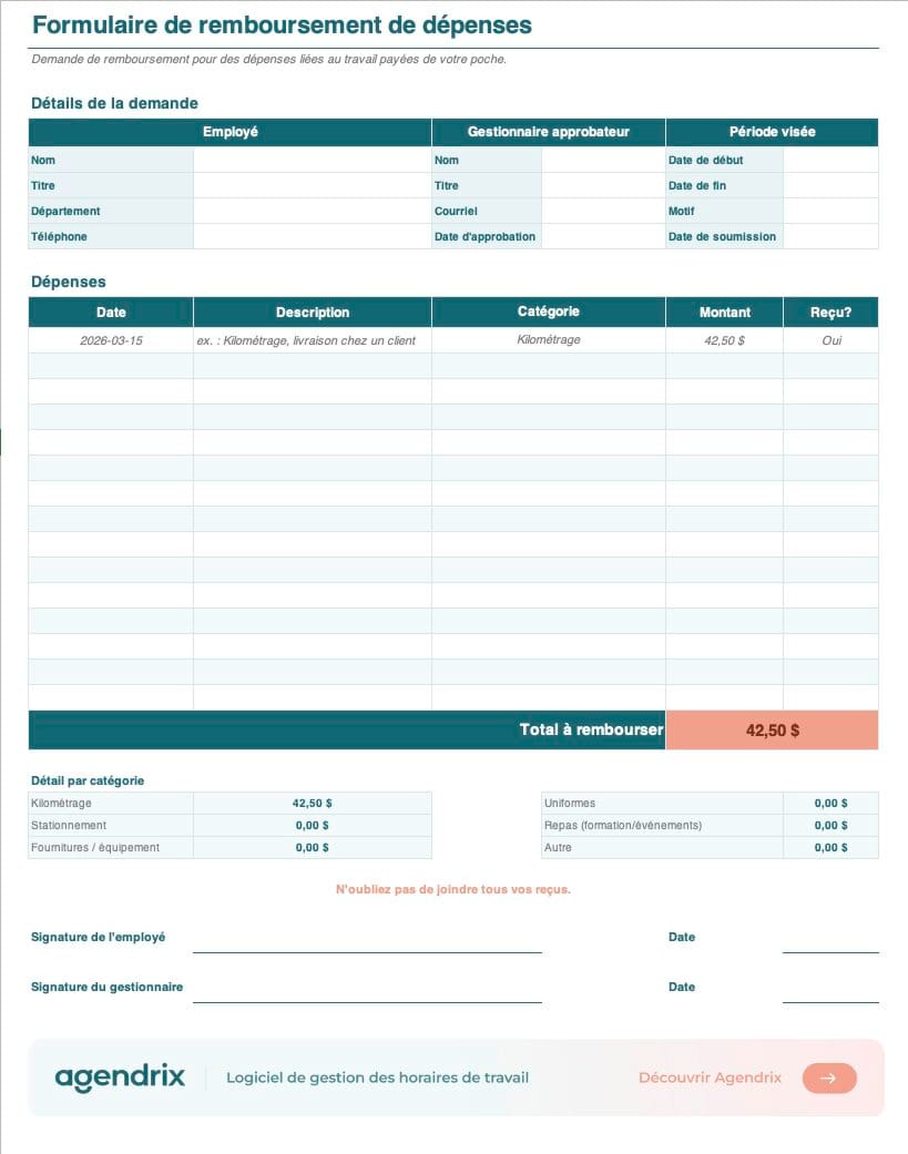 Formulaire de remboursement de dépenses gratuit en Excel avec menu déroulant de catégories et total calculé automatiquement, par Agendrix.