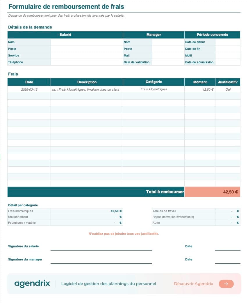 Formulaire de remboursement de frais gratuit en Excel avec menu déroulant de catégories et total calculé automatiquement, par Agendrix.