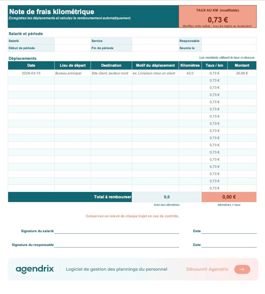 Note de frais kilométrique gratuite dans Excel avec un taux au kilomètre modifiable et des totaux calculés automatiquement, par Agendrix.