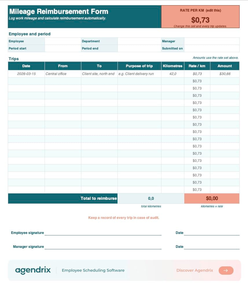Free mileage reimbursement form in Excel with an editable per-kilometre rate and auto-calculated totals, by Agendrix.