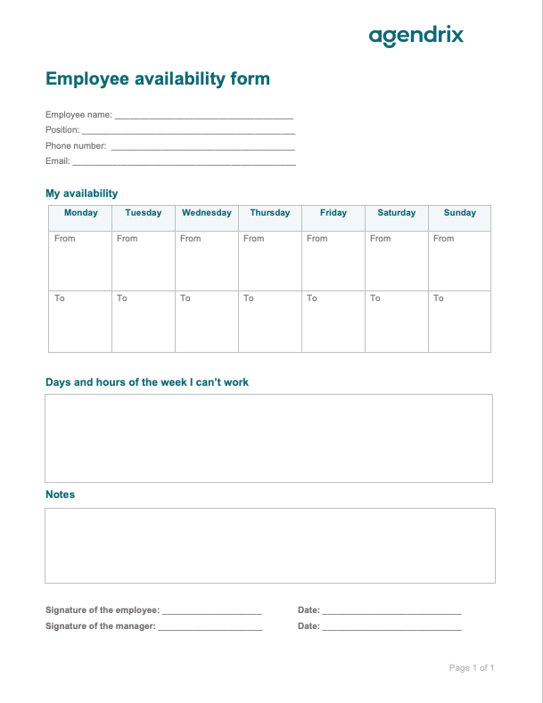 Free Employee Availability Form Template Agendrix free-employee-availability-form-template-agendrix