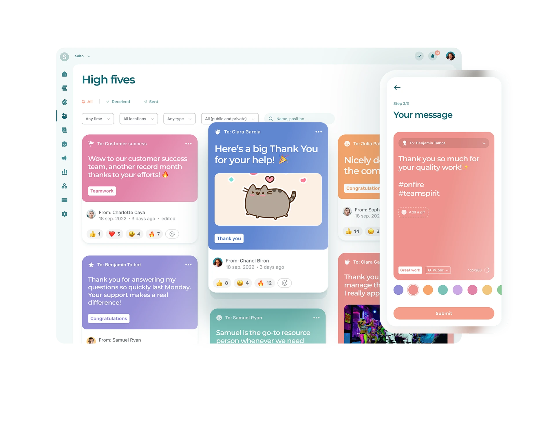 Screen view of our Employee Recognition Software with high five, chat and employee recognition general features