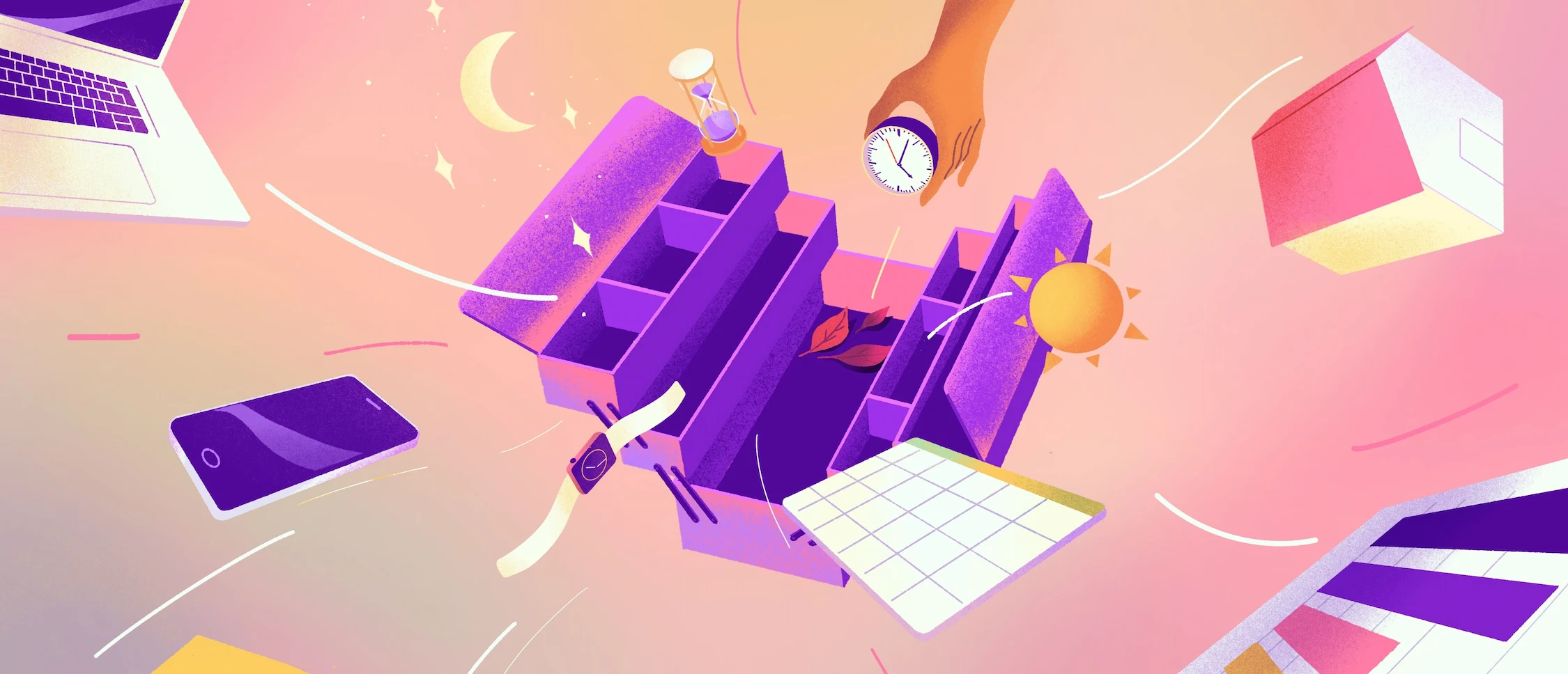 Open toolbox with various things escaping, a calendar, a phone a schedule, a sun, a moon and a nearby hand that is holding a clock