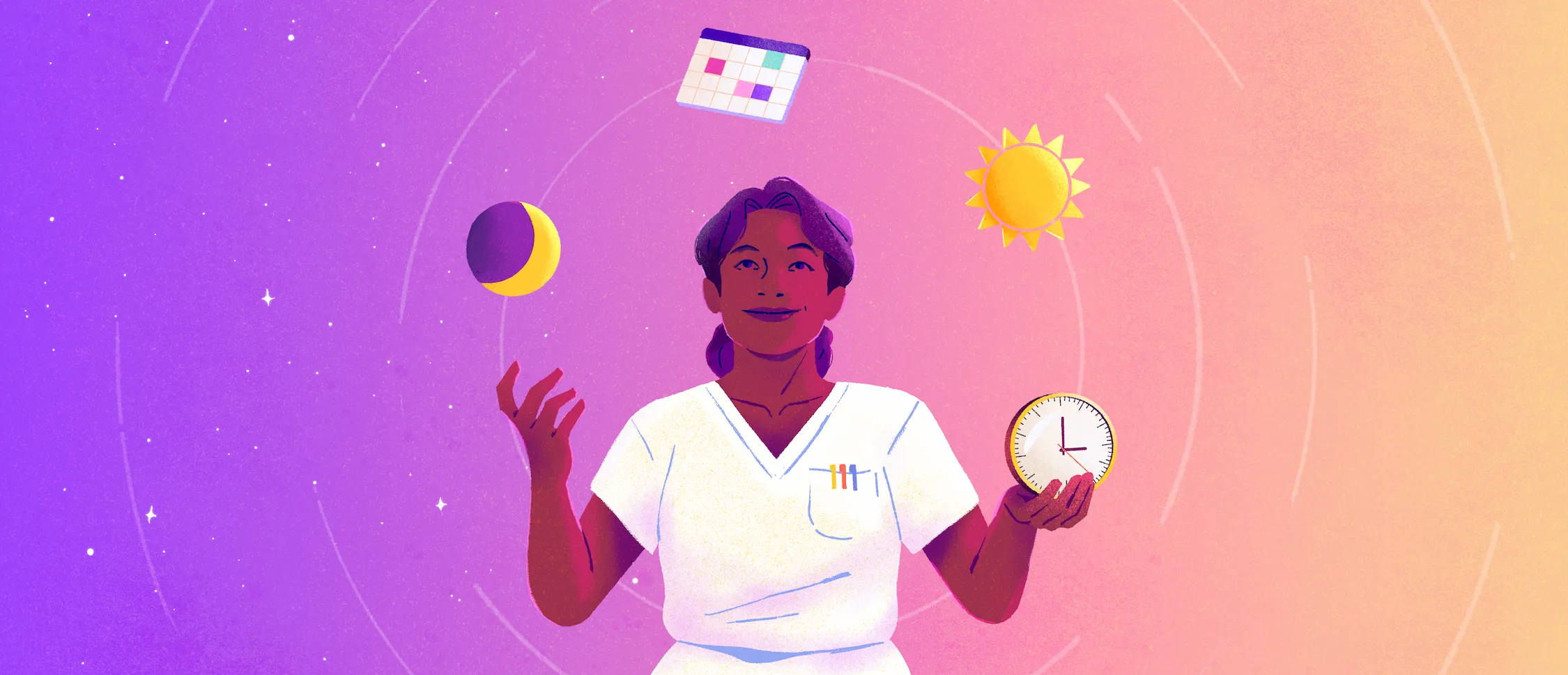 Woman nurse juggling with a moon, a sun, a clock and a schedule