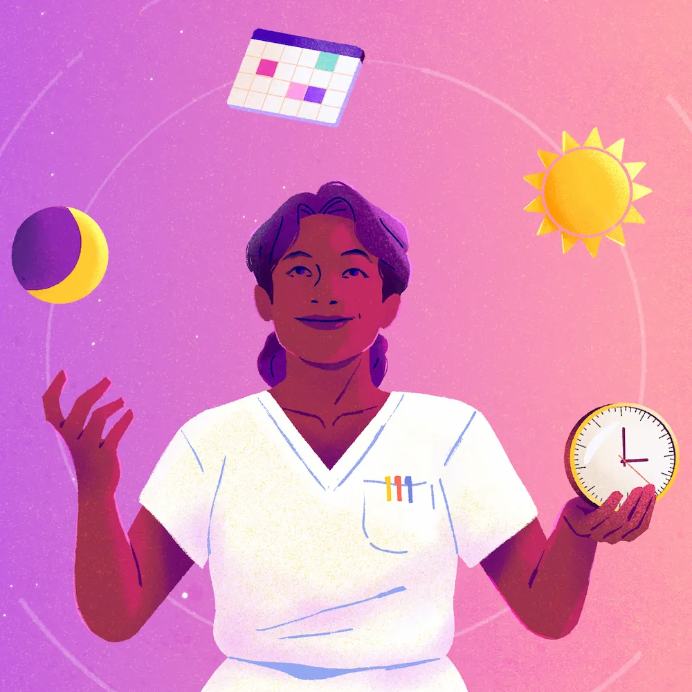 Woman nurse juggling with a moon, a sun, a clock and a schedule