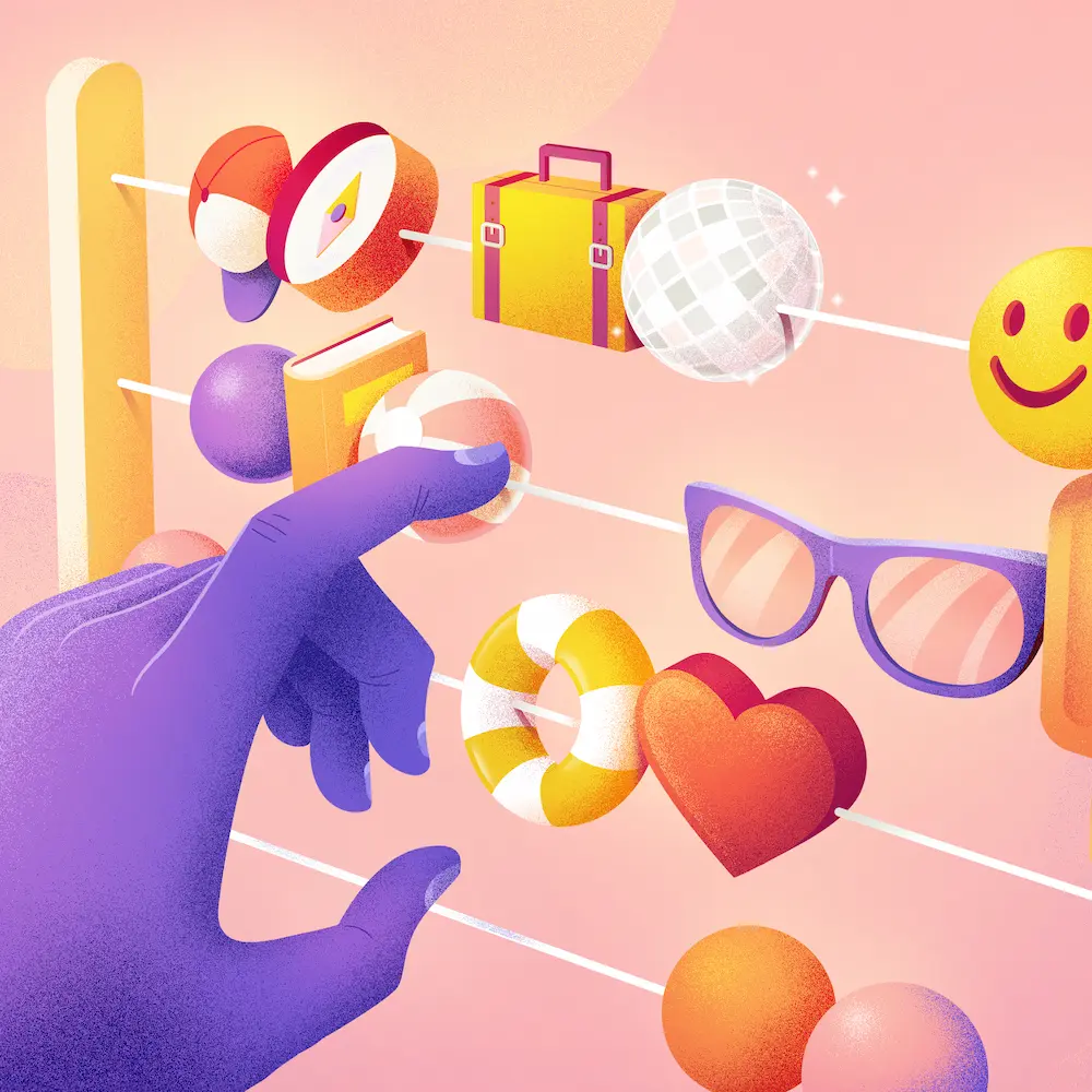 Main qui tourne les éléments d'un boulier : casquette, lunettes de soleil, valise, livre, ballon, coeur, smiley