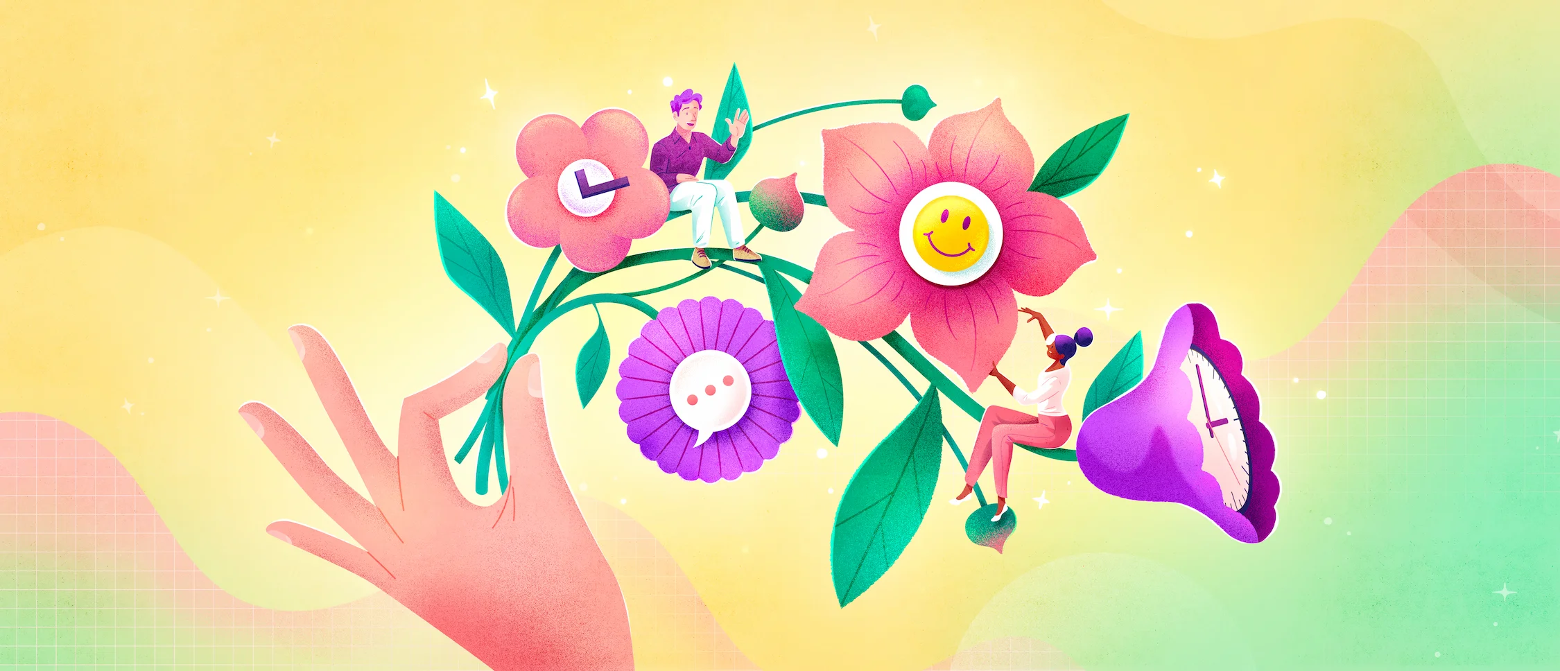 Main qui tient des fleurs, il y a un homme et une femme qui sont assis sur la tige du bouquet