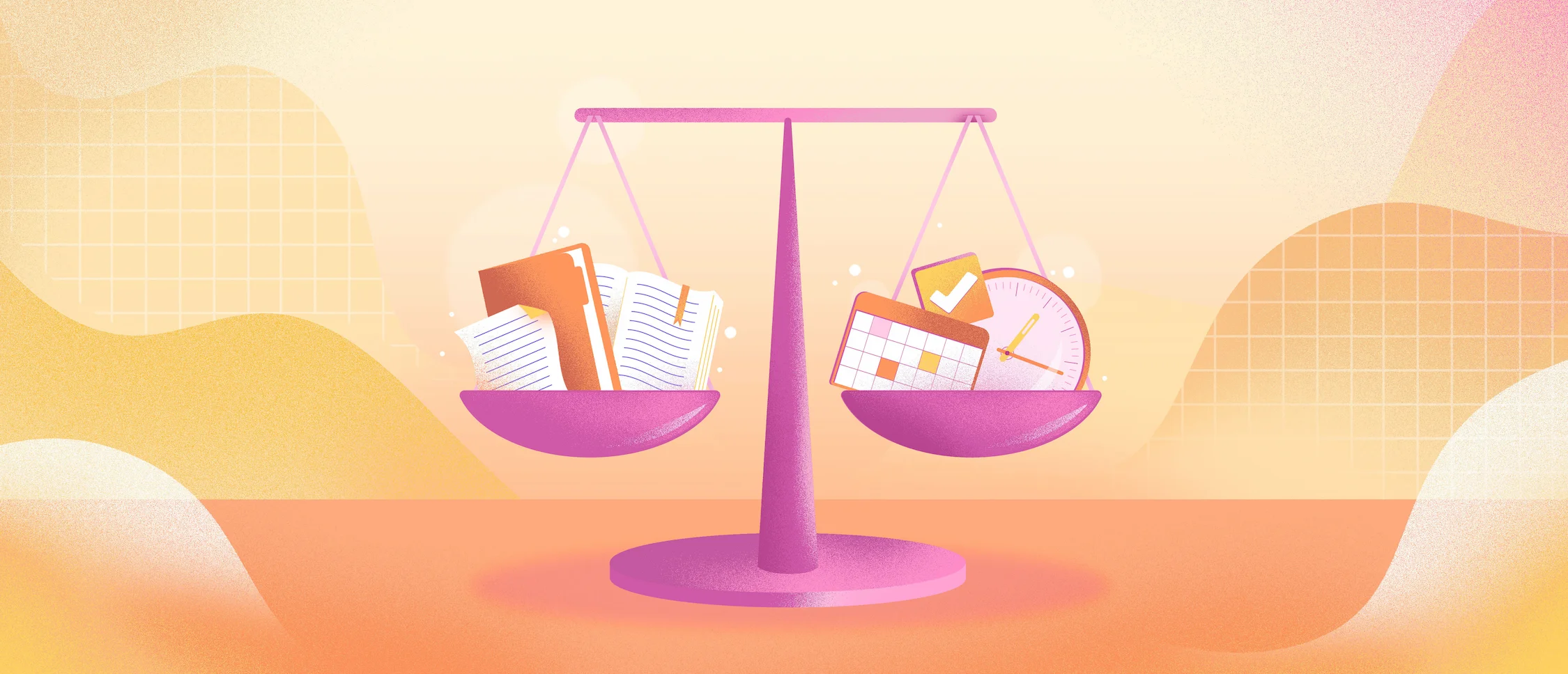Balance avec d'un côté des livres et des papiers et de l'autre côté un calendrier et une horloge.