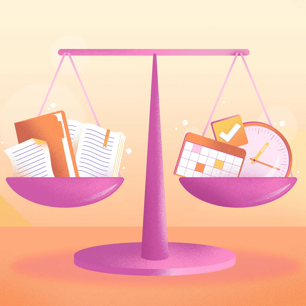 Balance avec d'un côté des livres et des papiers et de l'autre côté un calendrier et une horloge.
