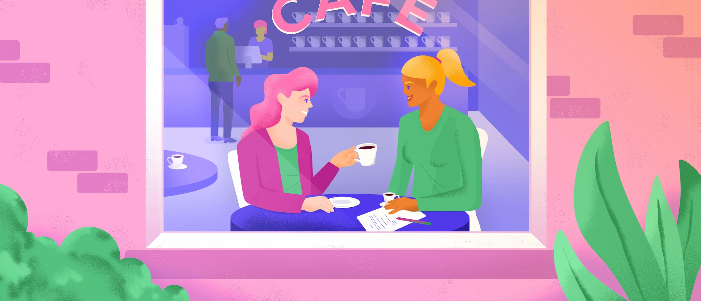 Deux femmes assises à une table, qu'on voit à travers la fenêtre d'un petit café en briques
