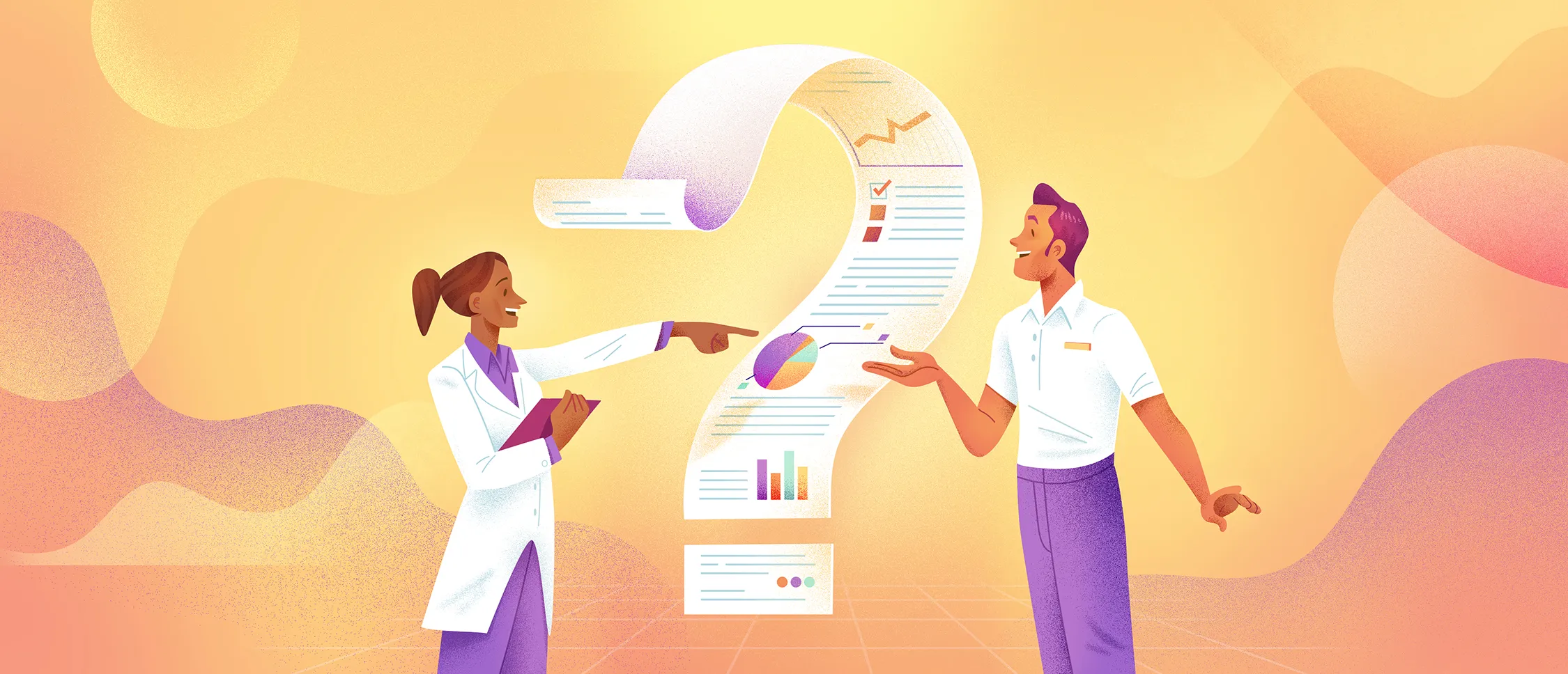 Woman in white lab coat talking with a man and pointing to a question mark made of paper with graphics