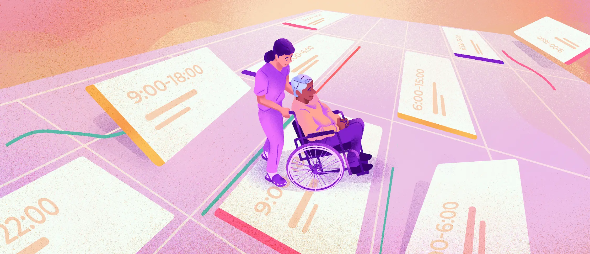 Lady pushing an elderly man in a wheelchair on a floor made of a schedule