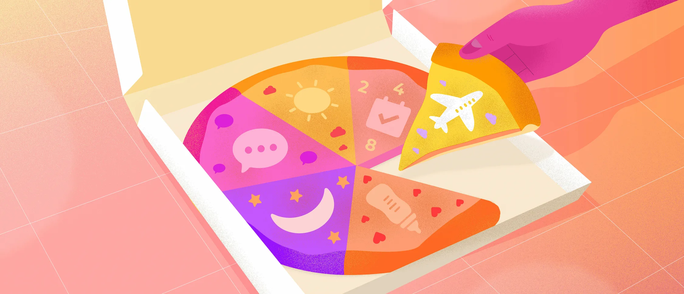 Pizza dans une boite dont la garniture est composée d'un avion, d'une bulle de texte, d'une lune, d'un biberon, d'un soleil, etc.
