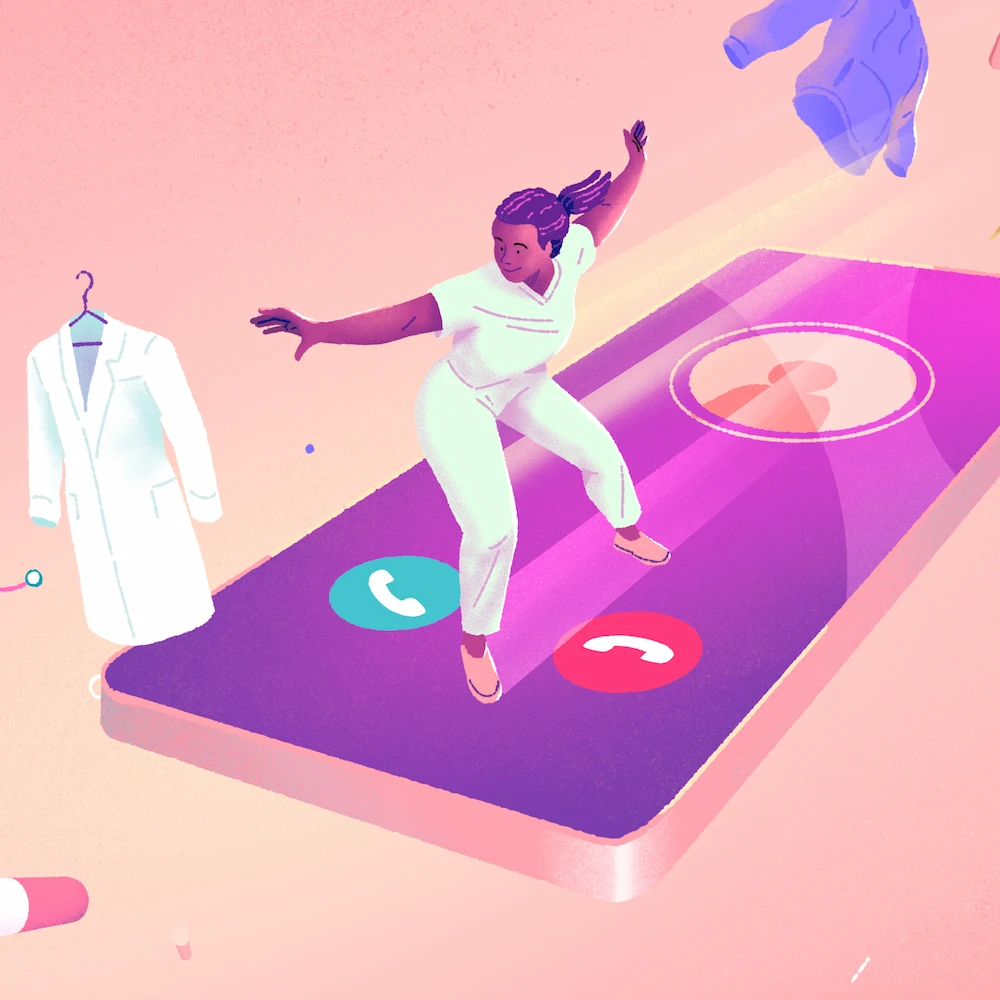 Woman dressed in scrubs sliding on smartphone, with various floating elements: a pill and clothes