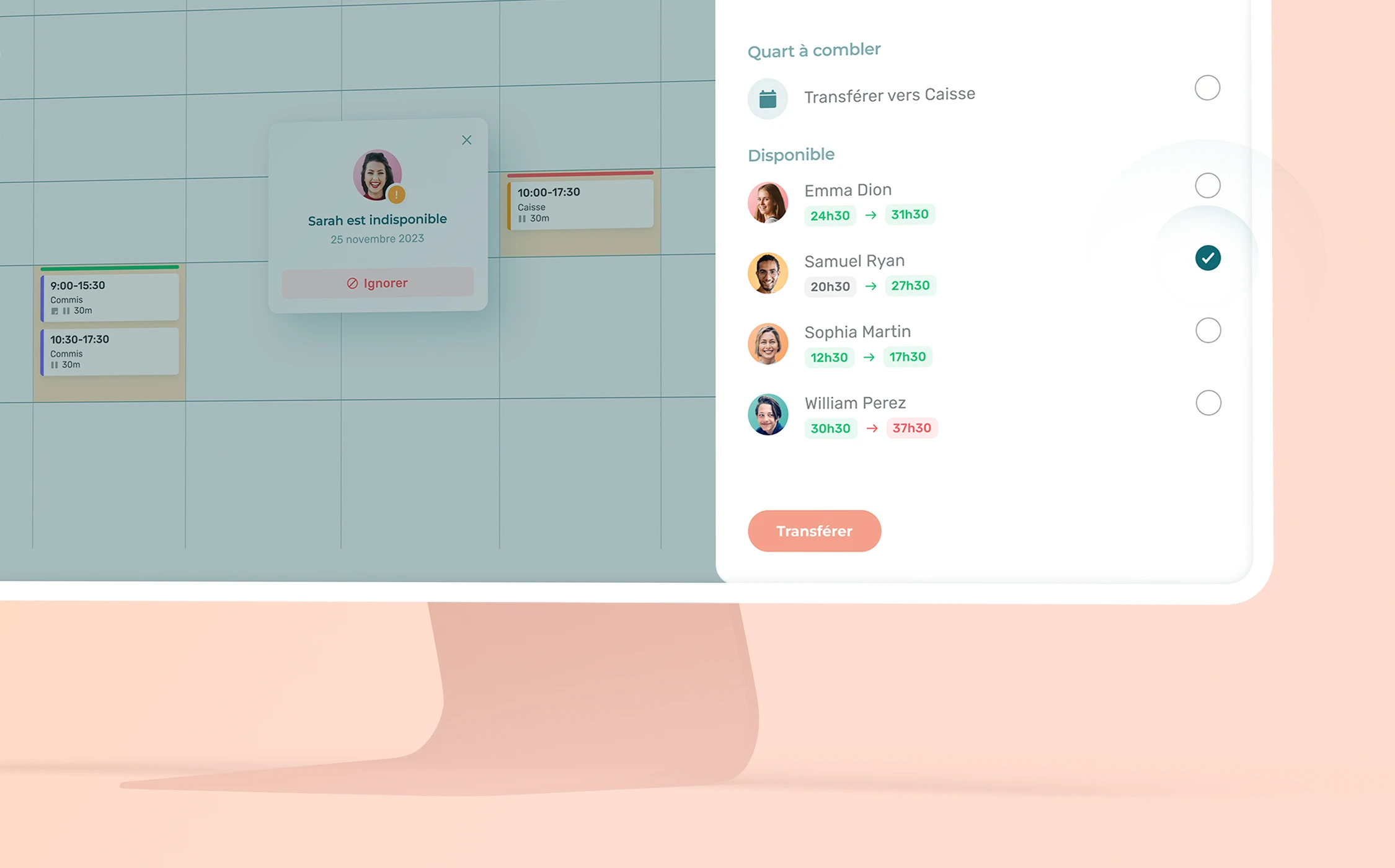 Changement de quart de travail dans l'interface de l'application Agendrix