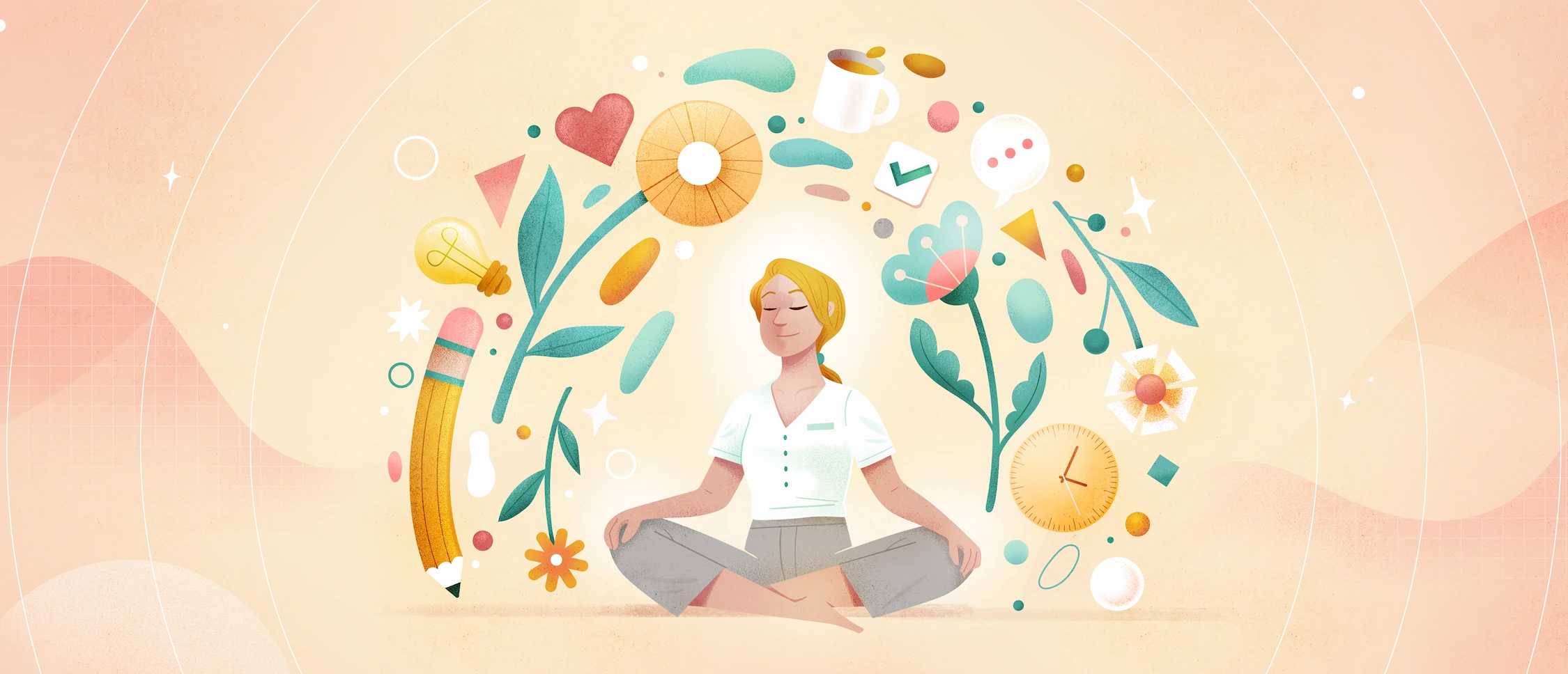 Dame blonde assise en position de lotus qui médite, autour de laquelle flottent divers éléments : crayon, fleurs, coeur, horloge, etc.