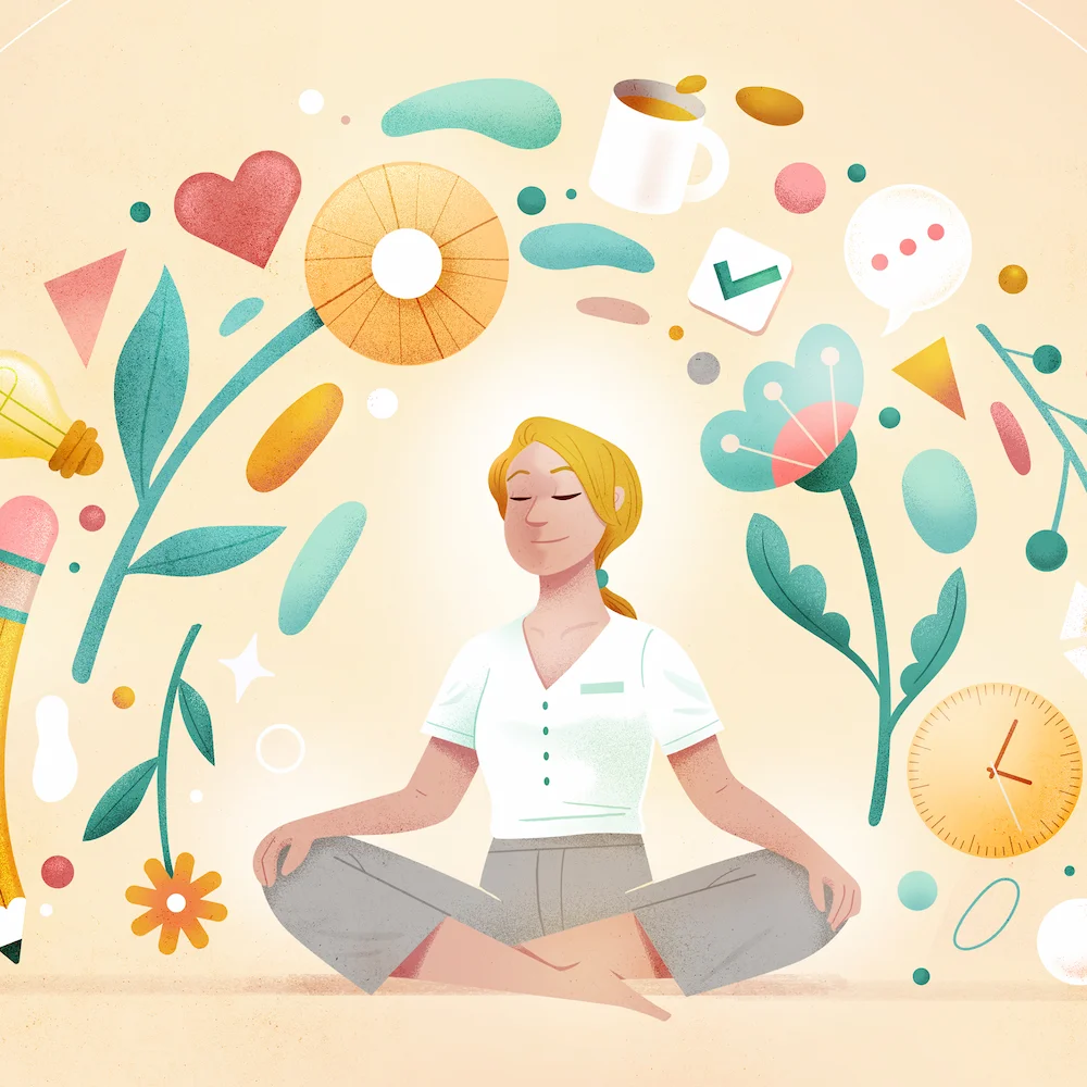 Blonde lady seated in lotus position, meditating, with various elements floating around her: pencil, flowers, heart, clock, etc.