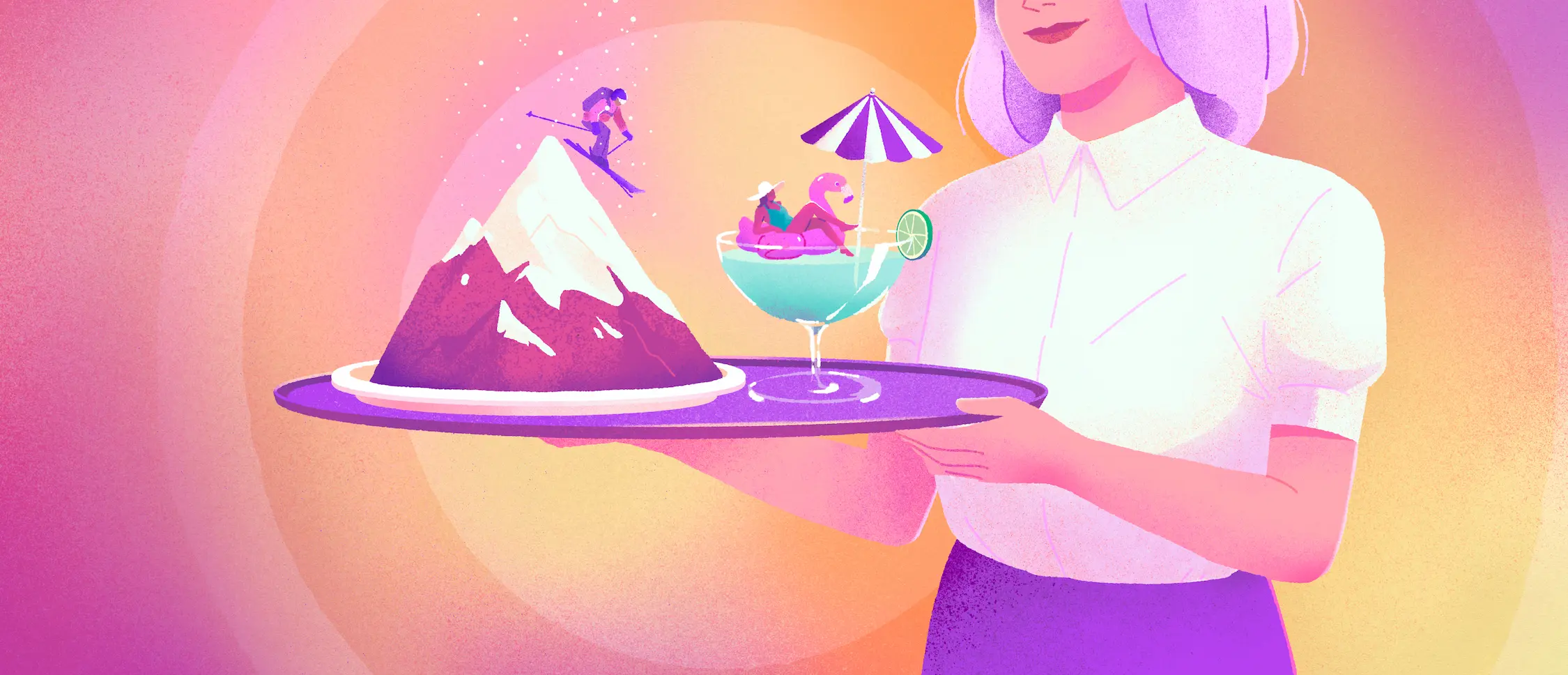 Waitress holding a tray on which there is a mountain with a skier on a plate and a cocktail with a woman on a floating flamingo.