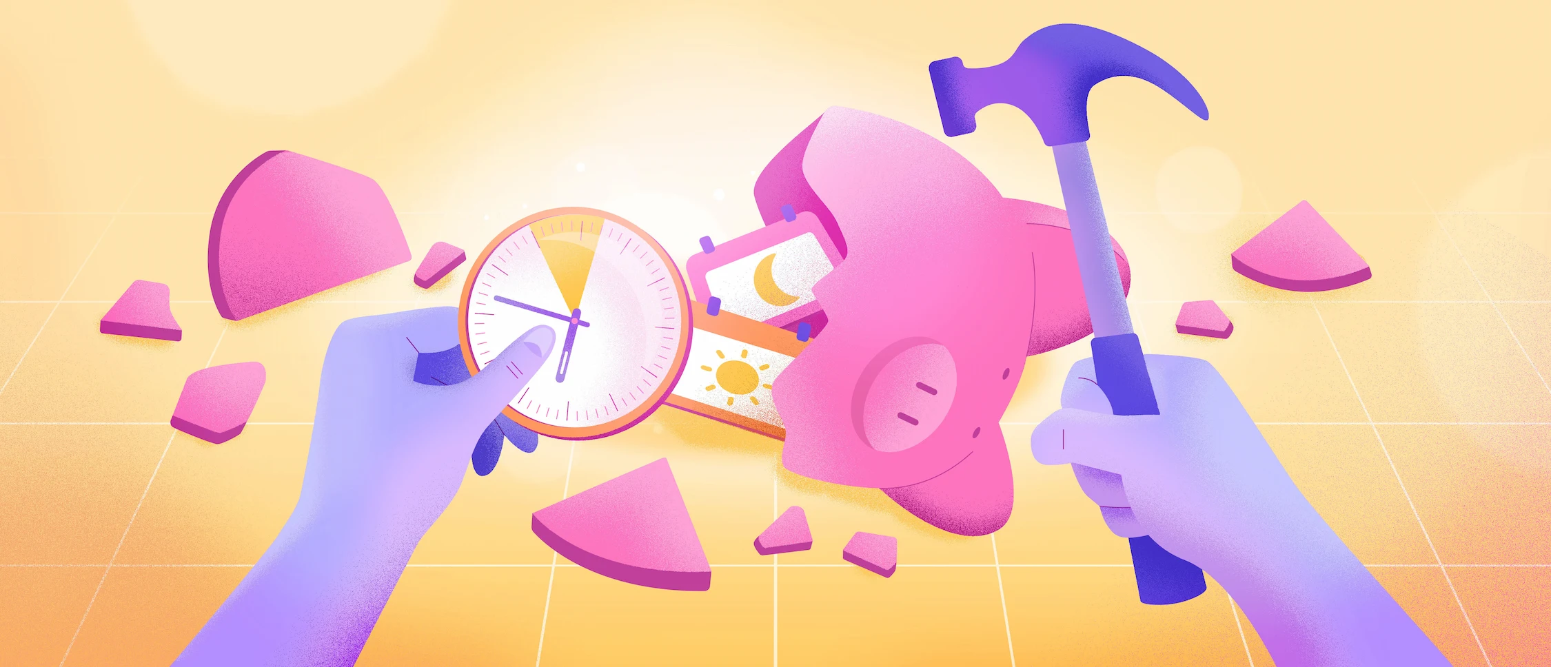 Mains qui tiennent un marteau et une horloge devant une tirelire de cochon cassée.