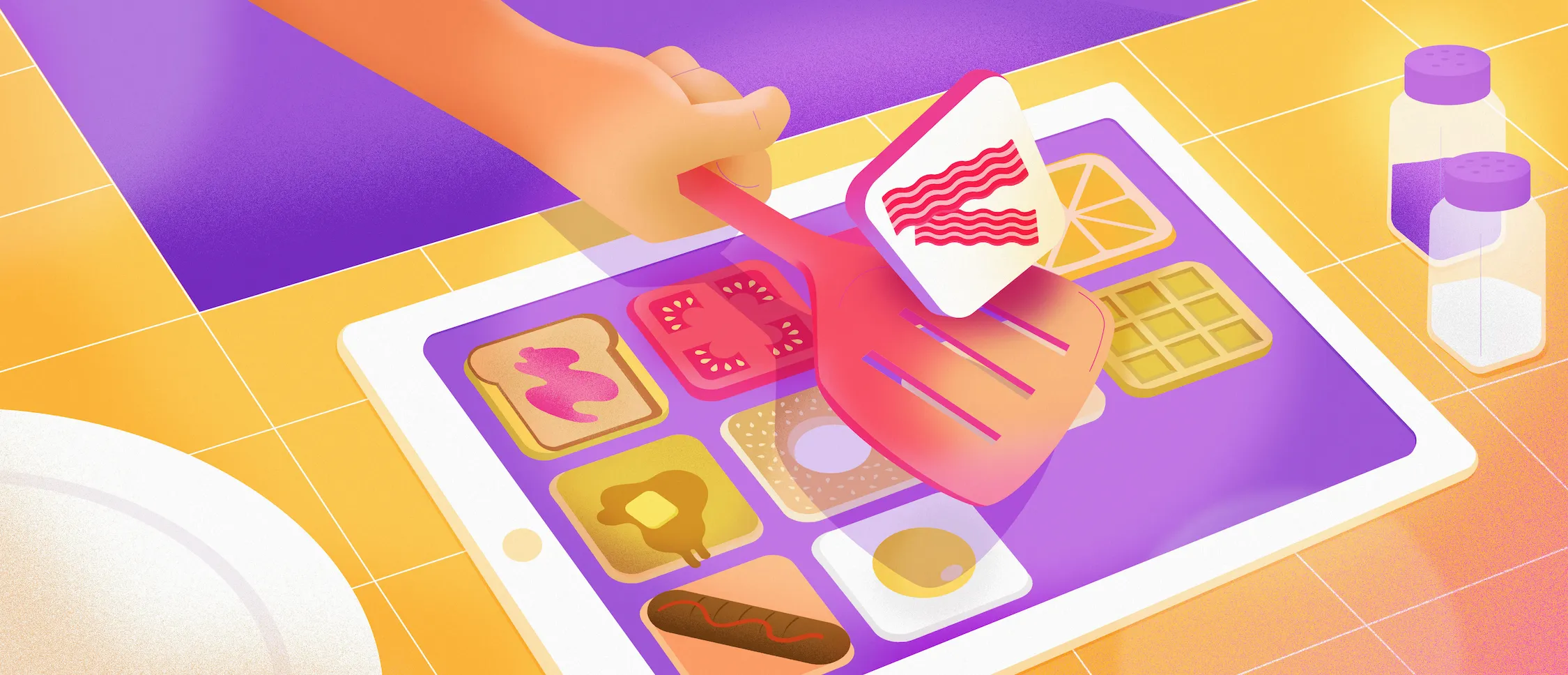 Main qui tient une spatule et qui fait tourner un icône de bacon au-dessus d'une tablette qui représente une plaque de cuisson avec plusieurs aliments de déjeuner en icônes d'apps.