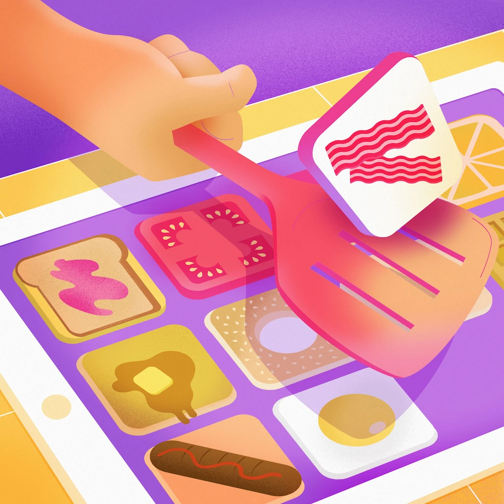 Hand holding a spatula and twirling a bacon icon above a tablet representing a griddle with several breakfast foods in app icons.