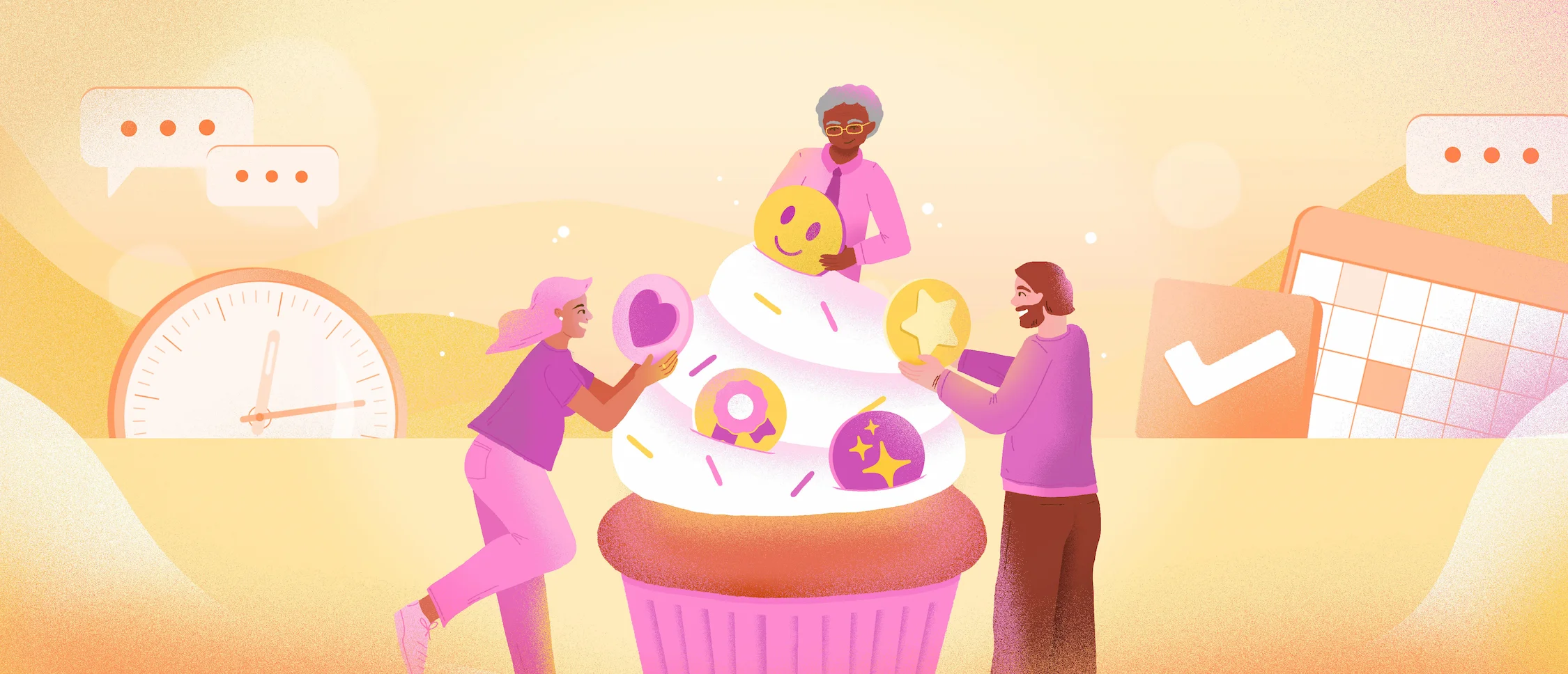 Three people decorate a cupcake icing with a smiley face, star, heart and other elements.