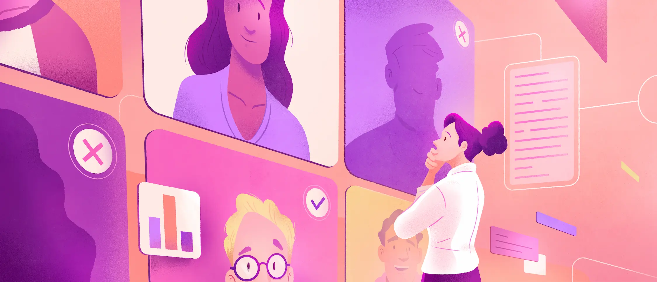 Femme qui se tient le menton observe un mur avec des photos d'employés, avec des graphiques, des notes, etc.