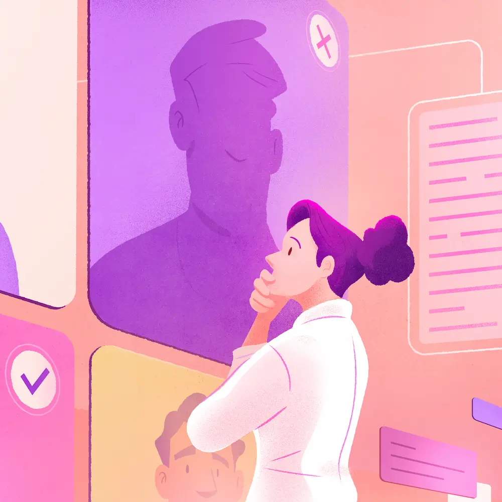 Femme qui se tient le menton observe un mur avec la photo d'un employé qui est brouille, on voit aussi des graphiques, des notes, etc.