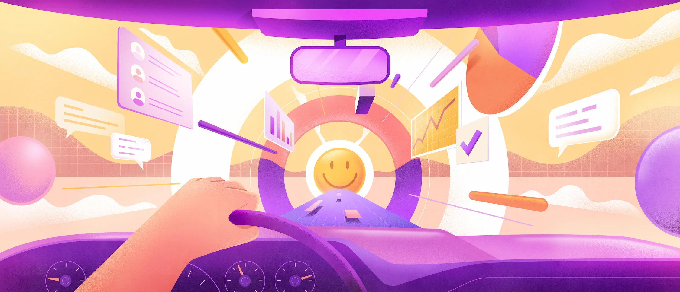 Une main tient un volant et, à travers le pare-brise, différents éléments flottent à l'avant de la voiture : un smiley, des graphiques, des crochets, etc.