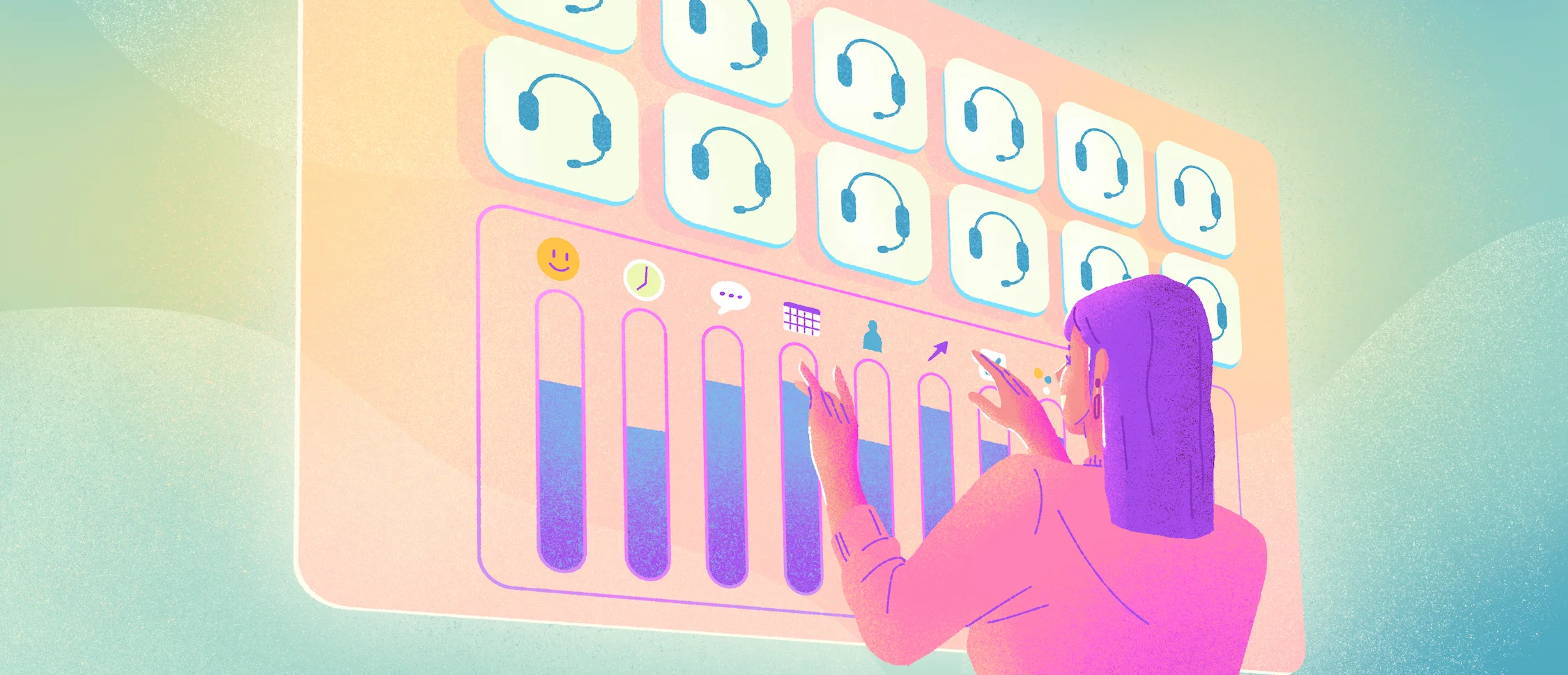 Woman standing in front of a floating console with headphones and other graphs