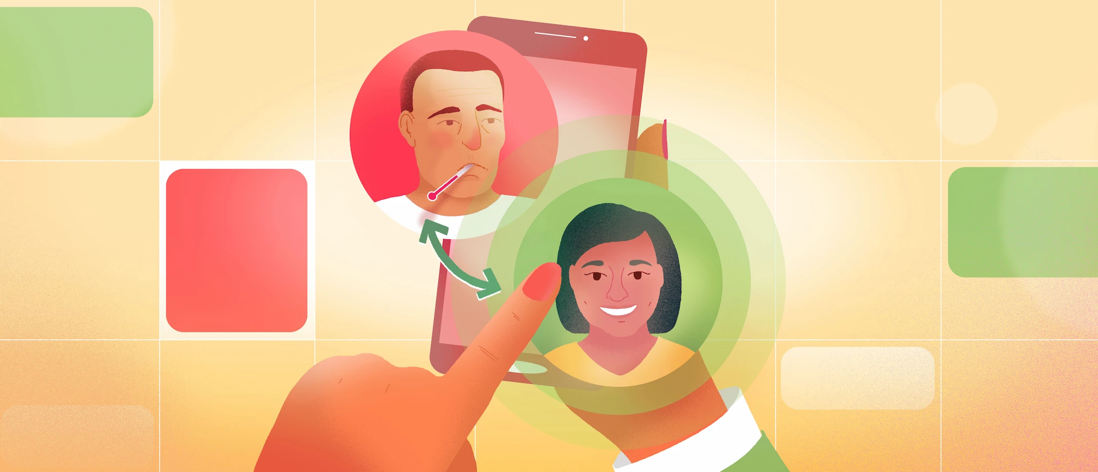 Mains qui tiennent un cellulaire sur lequel s'affichent 2 visages, l'un avec fond rouge et l'autre fond vert sur lequel un doigt glisse