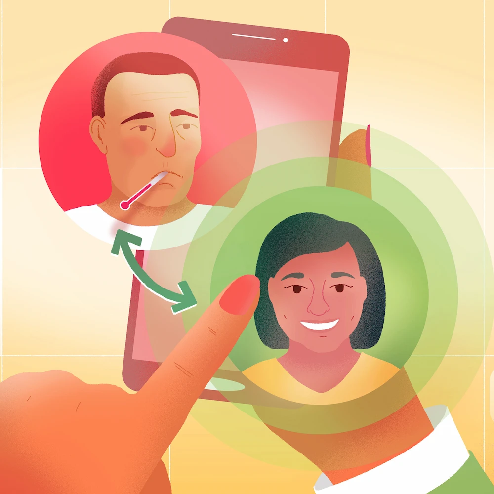 Hands holding a cell phone on which 2 faces are displayed, one with a red background and the other with a green background over which a finger slides.