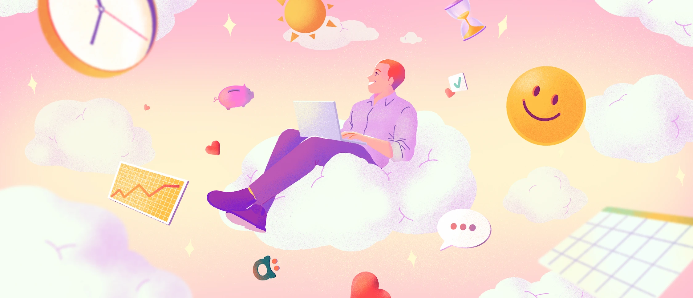 Homme assis sur un nuage avec un ordinateur portable sur les genoux, entouré d'éléments flottants : horloge, smiley, nuages, graphiques.