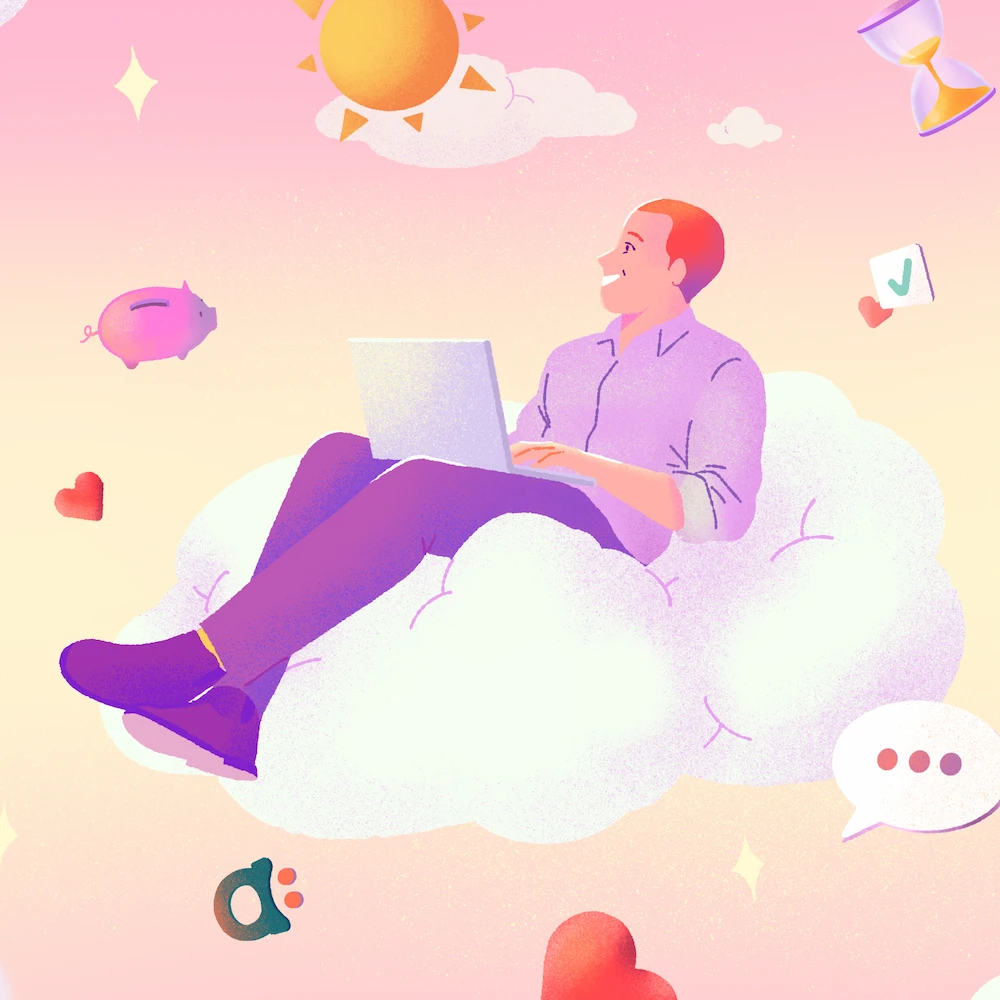 Man sitting on cloud with laptop on laps, surrounded by floating elements: smiley, clouds, graphs, etc.