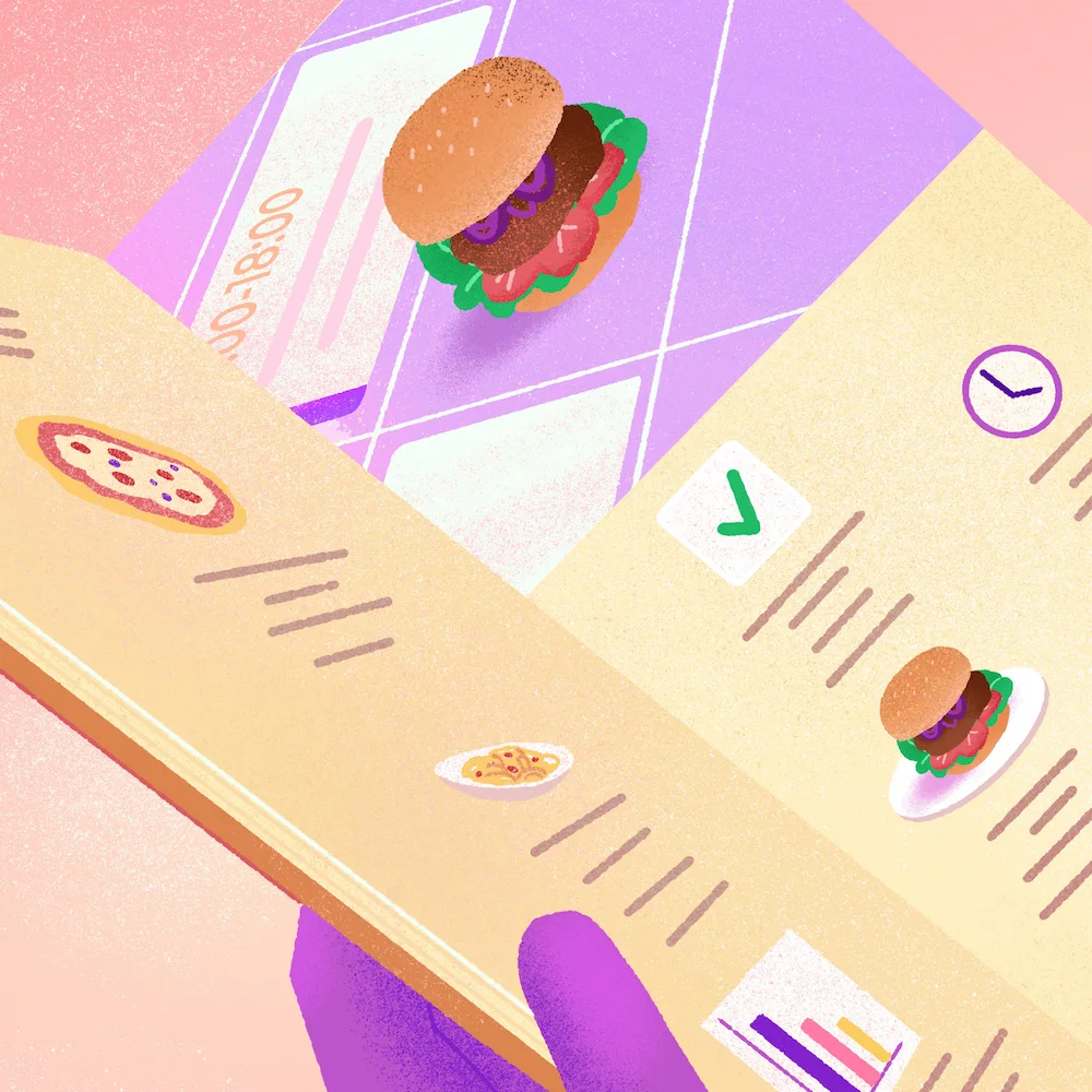 Hands holding an open menu with inside a burger, a checkmark, a clock and ice cream