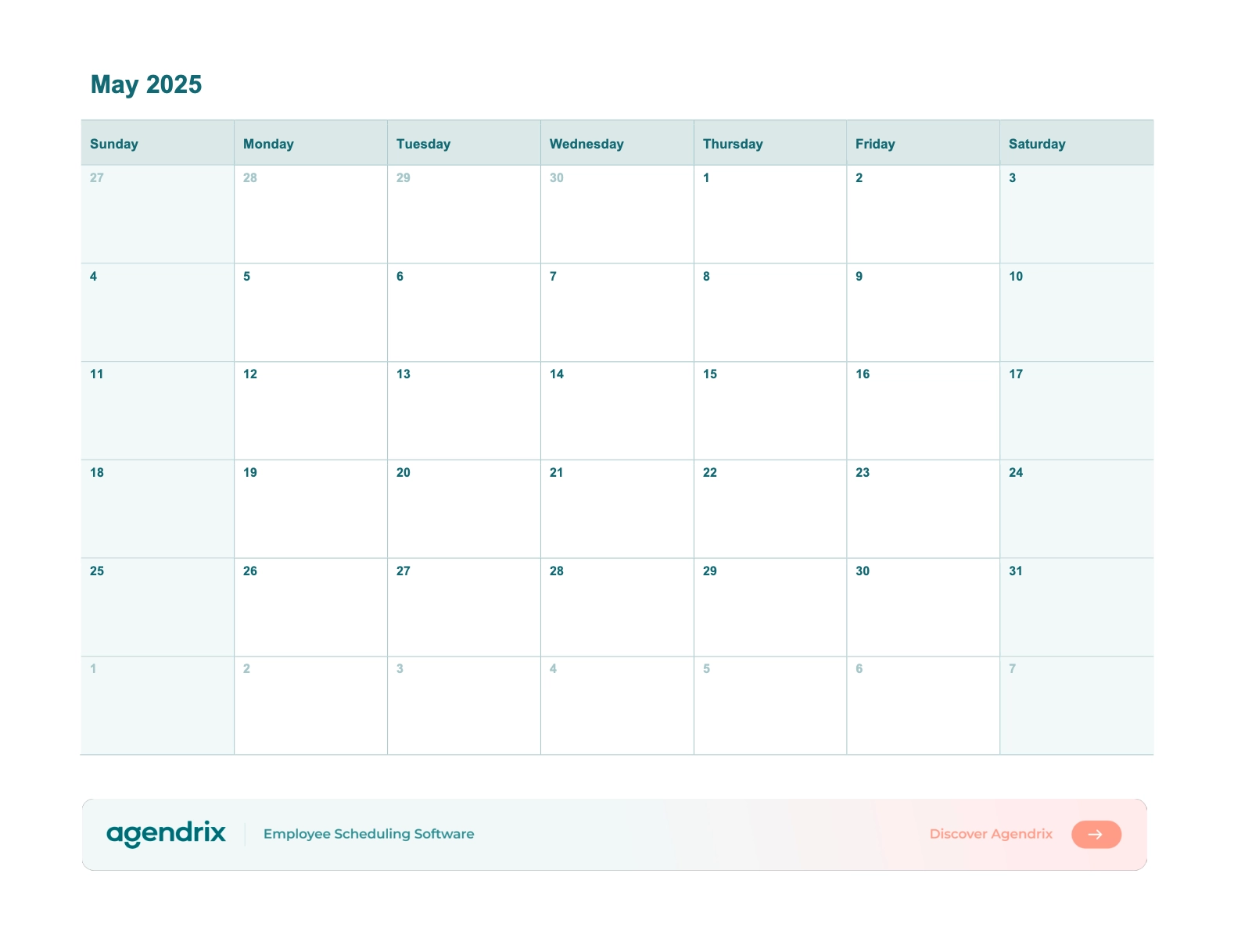 May 2025 printable calendar (Word, Excel, PDF) - Agendrix