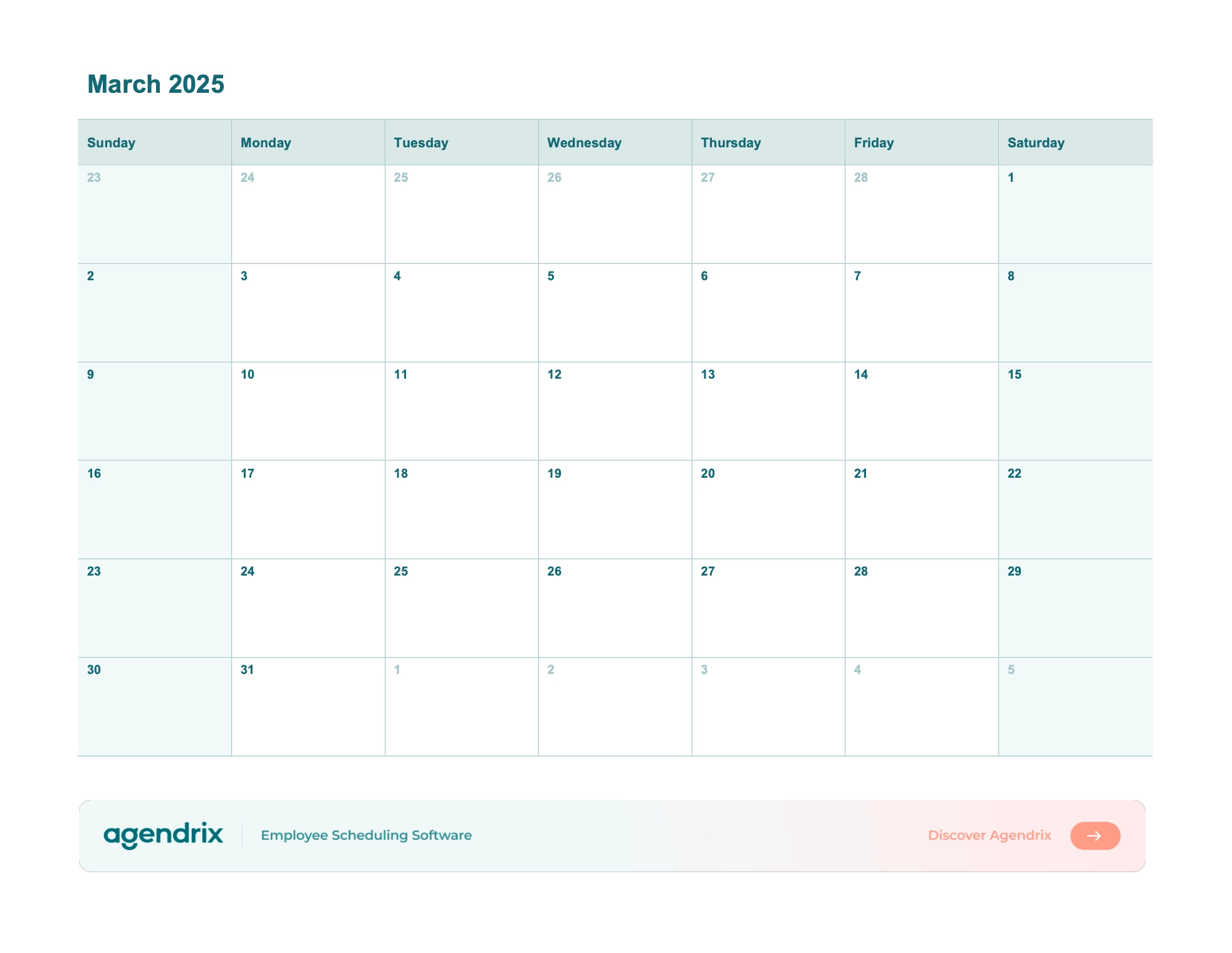 March 2025 printable calendar (Word, Excel, PDF) - Agendrix