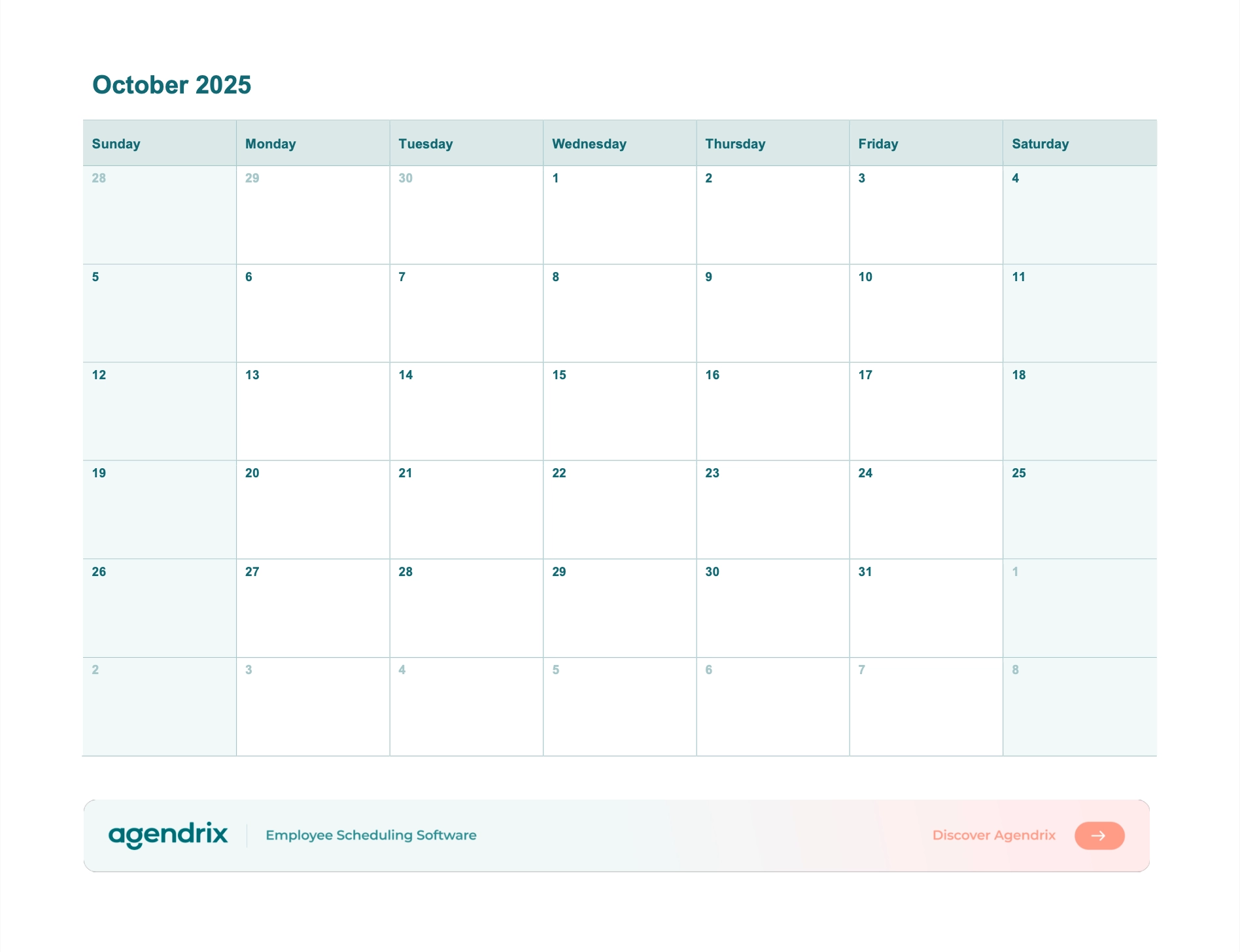 October 2025 Printable Calendar (Word, Excel, PDF) - Agendrix